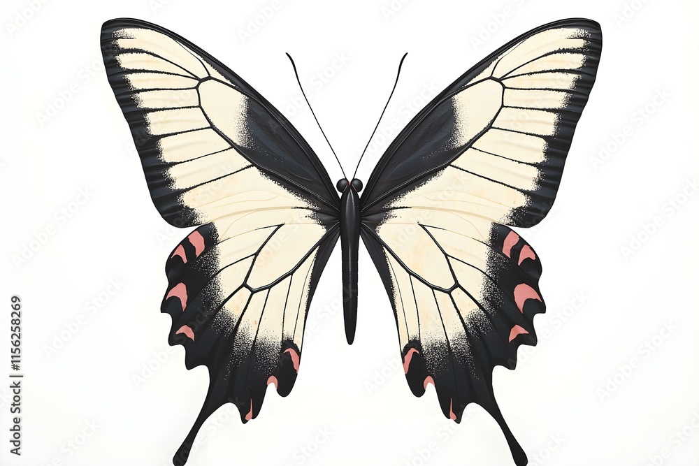 Poster vibrant butterfly with detailed patterns against a clean white background in a minimalist style