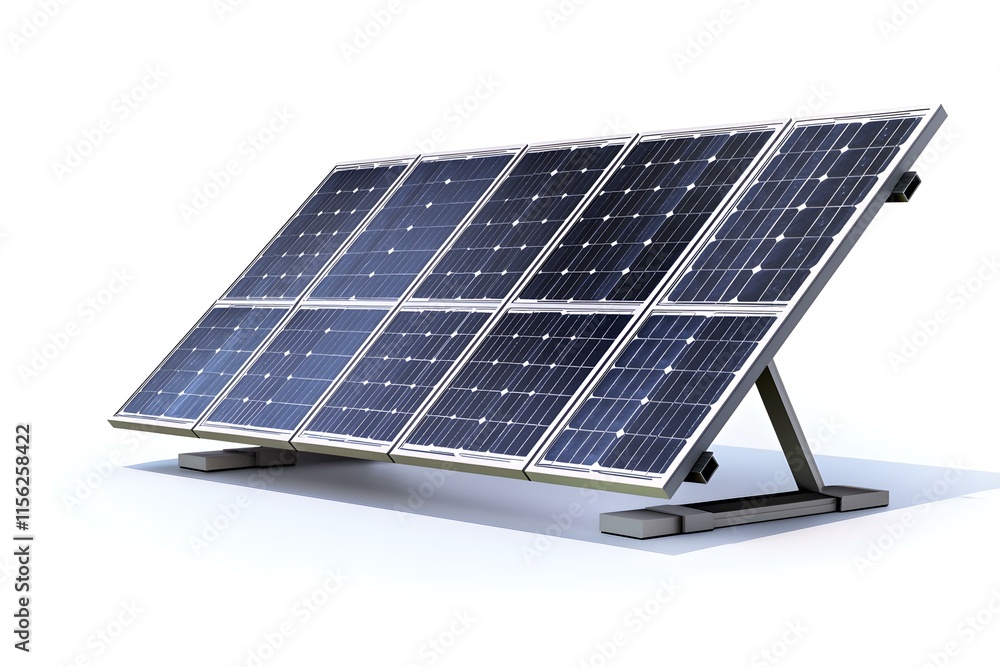 Poster modern solar panel array positioned for maximum sunlight exposure with clear blue background