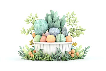 Colorful arrangement of vegetables and fruits in a decorative white bowl with green leaves and grass on a white background