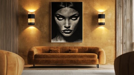 Stylish living room interior with mustard velvet sofa, black and white portrait, and golden wall sconces.