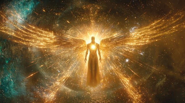 Glowing angelic figure with large wings in space.