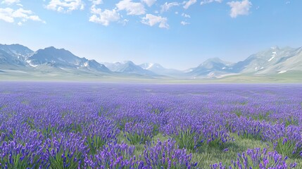 Fototapeta premium Vast lavender field stretches to majestic mountains under a bright sky.