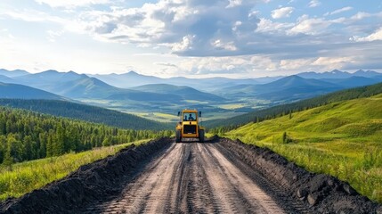 Naklejka premium Construction Vehicle on a Scenic Mountain Road