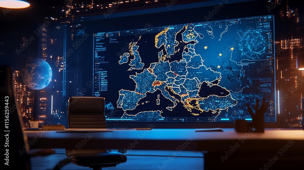 Poster Futuristic control room with Europe map displayed on a large screen.