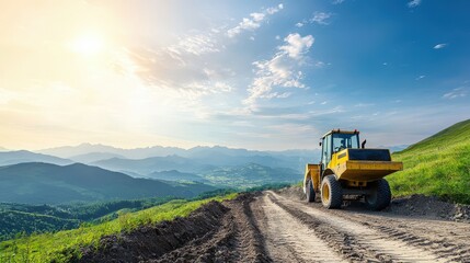 Naklejka premium Yellow Bulldozer on Mountain Road at Sunset