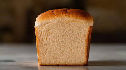 Freshly baked bread loaf on a marble surface in natural lighting. 