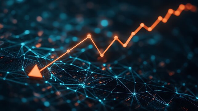 Abstract network graph showing upward trend with glowing orange line and nodes on dark blue background.