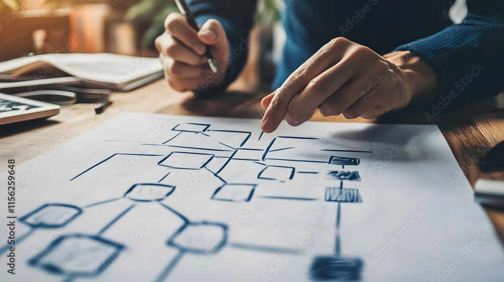 Poster person sketching a flowchart on paper at a desk