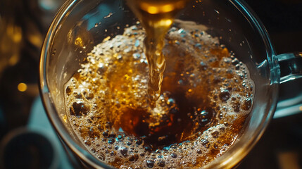 Refreshing beverage being poured into a glass with frothy bubbles rising. 