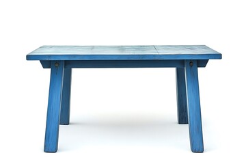 Blue wooden table with simple design, featuring four sturdy legs and a minimalist style