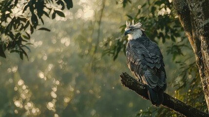 Fototapeta premium Majestic harpy eagle perched on a branch in a sunlit forest.