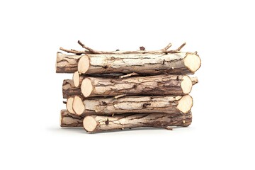 Stacked Natural Wooden Logs with Branches on White Background for Rustic and Organic Themes