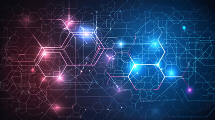Obraz premium Geometric and Abstract, the PrintDark Hexagon Background Radiates Futuristic Tech Vibes with Glowing Neon Details 