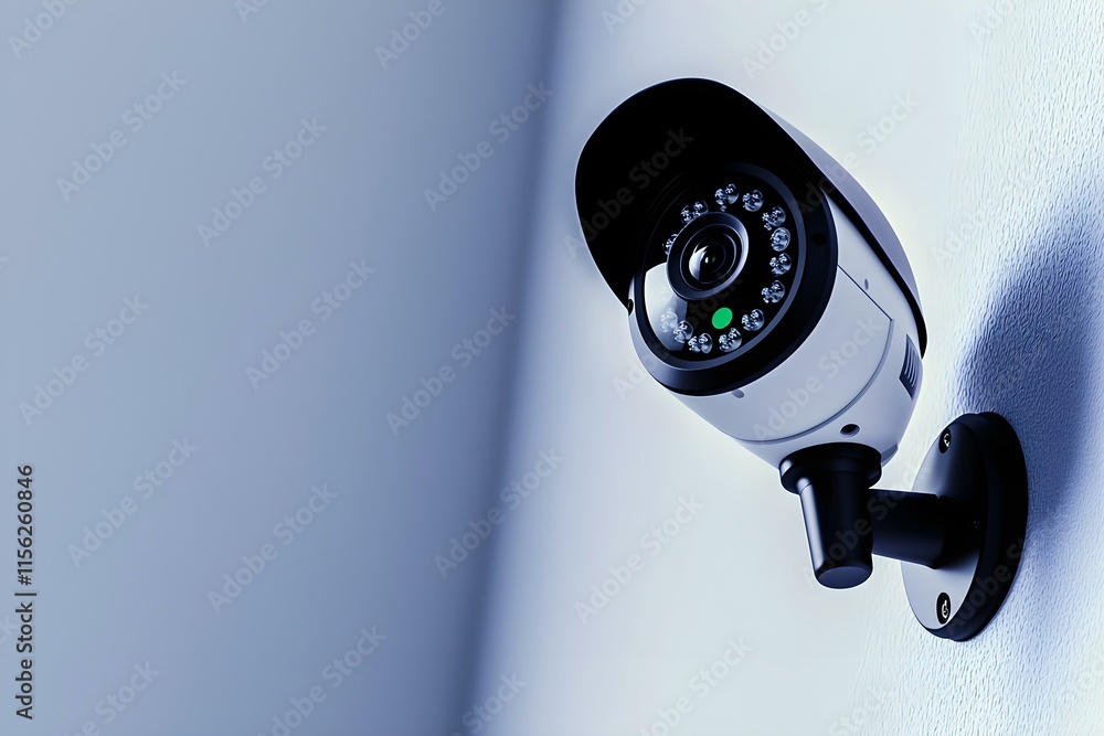 Poster surveillance camera mounted on wall with modern design capturing security and monitoring technology 