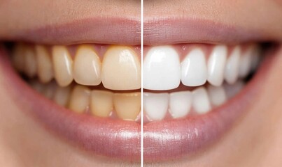Smile transformation - teeth captured before and after whitening treatment, contrast between natural shade and brightened enamel, highlighting dental care, aesthetics, oral hygiene.