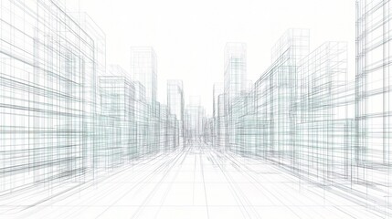 Fototapeta premium Abstract 3D Wireframe City Background in Linear Perspective Design