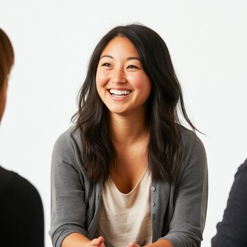 model smiling and engaging with her coworkers 