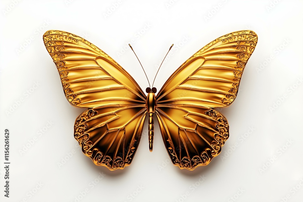 Poster golden decorative butterfly with intricate patterns and textures isolated on white background