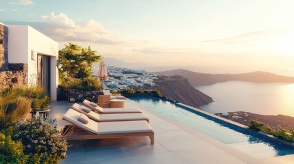 Sunset view from luxury villa with infinity pool.