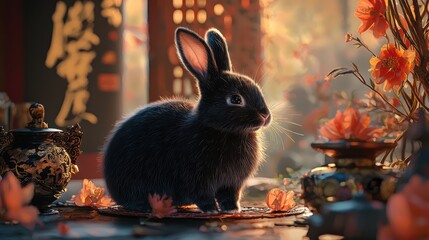 Serene Black Rabbit in an Asian-Inspired Setting