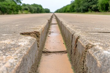 A close-up view of a cracked concrete road with a narrow groove running down the center, surrounded by greenery on both sides. The image highlights wear and erosion on the pavement.