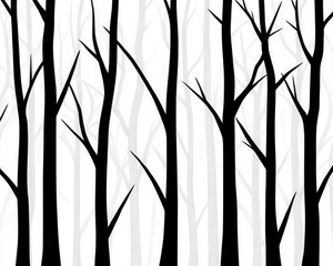 A minimalist illustration of bare trees with a white background, creating a stark and artistic representation of a forest. The design evokes a sense of tranquility and isolation.