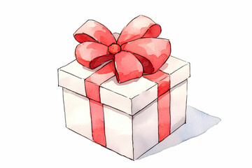 Obraz premium Elegant White Gift Box with Red Ribbon and Bow in Watercolor Style for Celebrations and Special Occasions