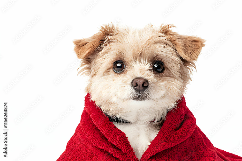 Poster cute small dog in red blanket relaxing with soft expression on white background