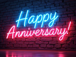 Playful "Happy Anniversary!" neon sign glowing against a textured dark brick wall. vibrant electric blue and bright pink neon lights create a celebratory vibe.
