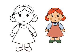 A cute little doll coloring page featuring a joyful doll with a bright dress, big eyes, and a playful smile, ready for kids to add their own vibrant colors and creativity!