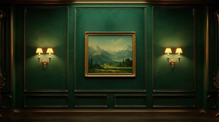 Emerald green wall with gold frame painting and sconces.
