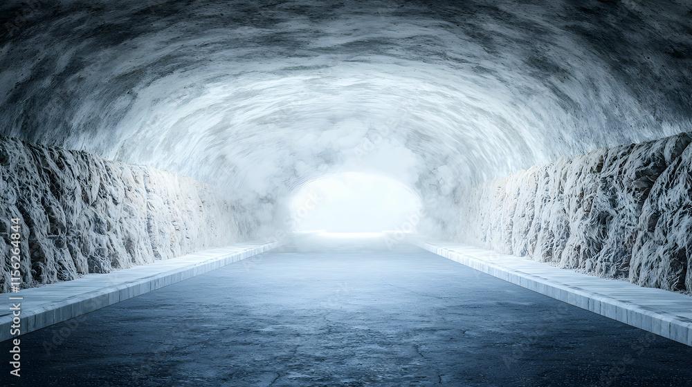 Poster serene light tunnel with ethereal atmosphere and soft fog in a stone cave setting