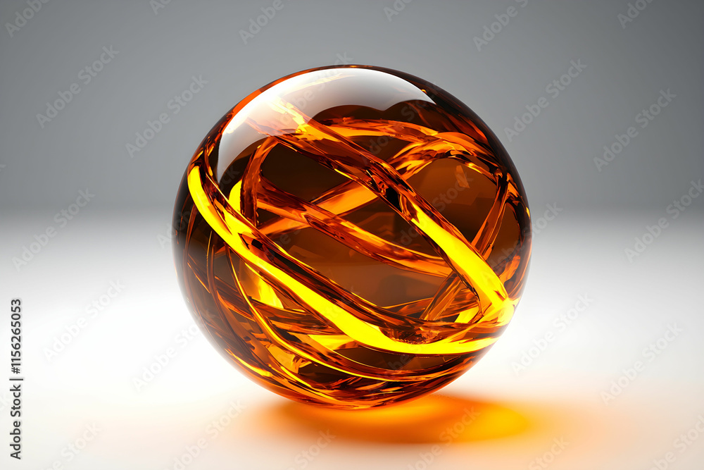 Poster glossy orange sphere with swirling inner patterns and glowing accents on a soft gray background