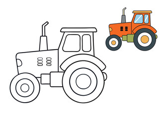 A fun tractor coloring page featuring a large, detailed tractor with wheels, a cab, and an attached plow. Perfect for kids to color and learn about farming machinery!