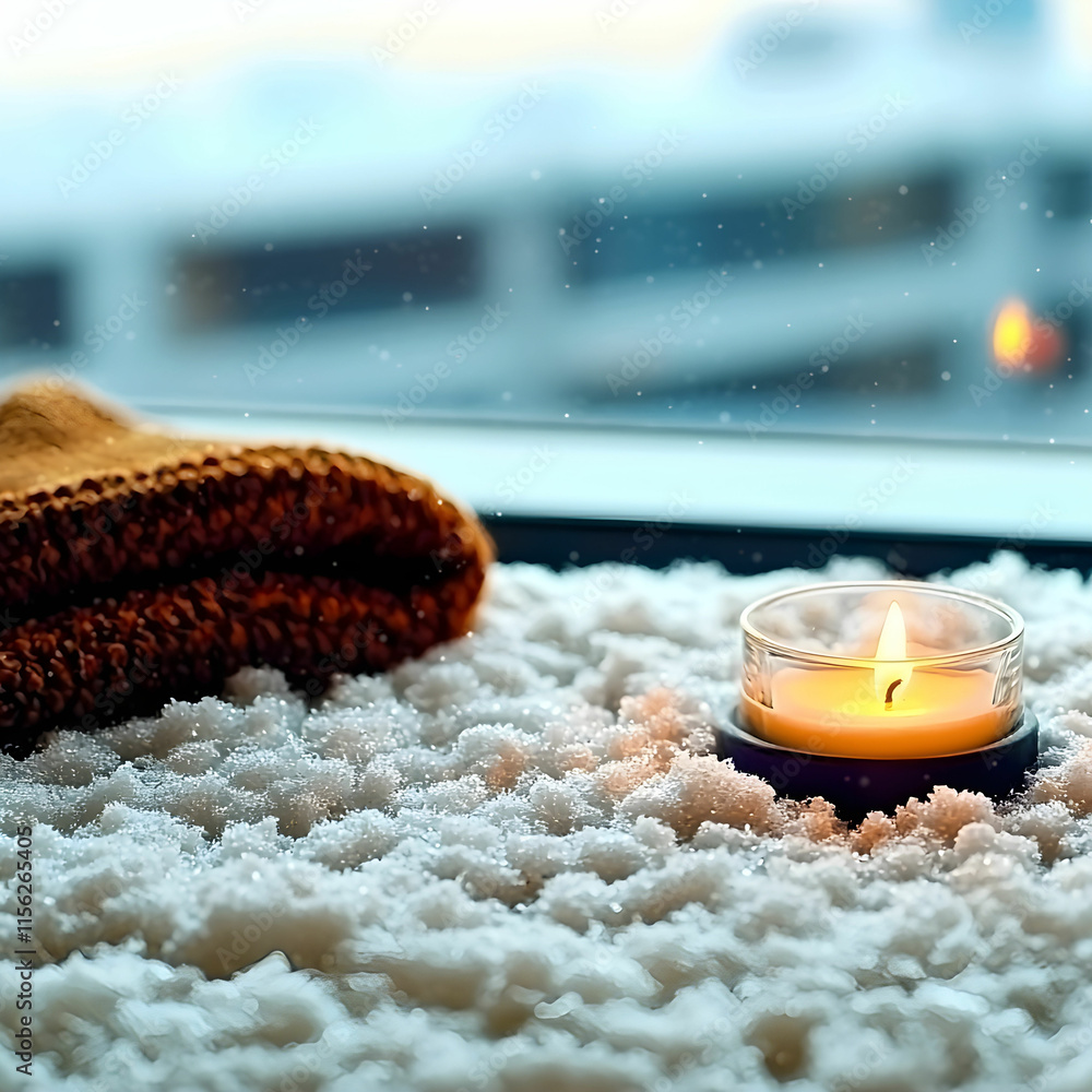 Poster cozy winter scene with candle on plush blanket beside window with snow outside and soft light creati