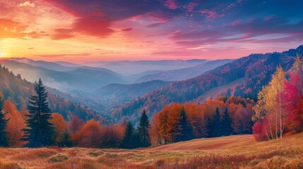 Autumn sunrise. Mountain landscape. Fall morning with vivid sky over beautiful valley.