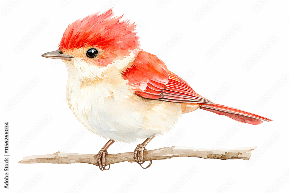Poster colorful red bird perched on a branch with bright feathers and delicate features in a minimalist sty