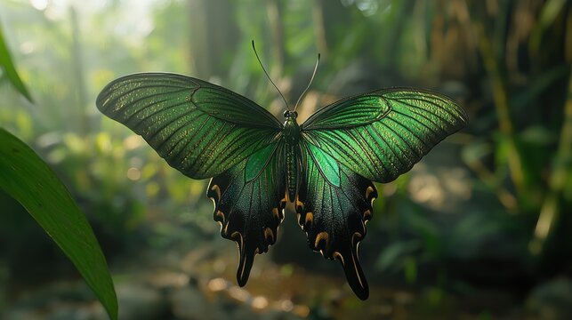 Emerald green butterfly in lush rainforest.