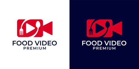 Food video logo design vector template. Food vlog logo template. Chef channel logo. Vector logo design of food, eatery, play, video, restaurant, review, vlog, tv, fork, spoon, illustration.