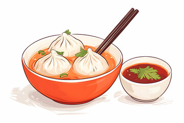 Delicious Dumplings in Spicy Soup with Fresh Herbs and Dipping Sauce for Asian Cuisine Lovers