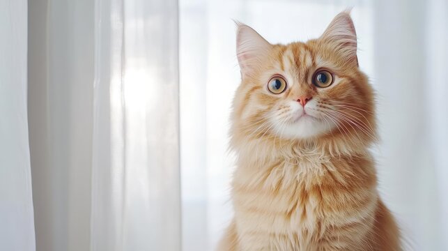 Persian cat concept. A curious orange cat gazes out from behind a curtain in a bright, serene room.