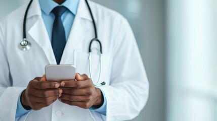 A healthcare professional in a white coat uses a smartphone, blending modern technology with medical practice.