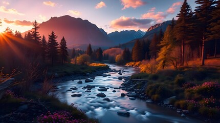 Spring Forest Mountain River in Sunrise