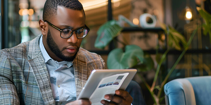 "Young businessman reading financial news on tablet, Entrepreneur staying updated with market trends"
