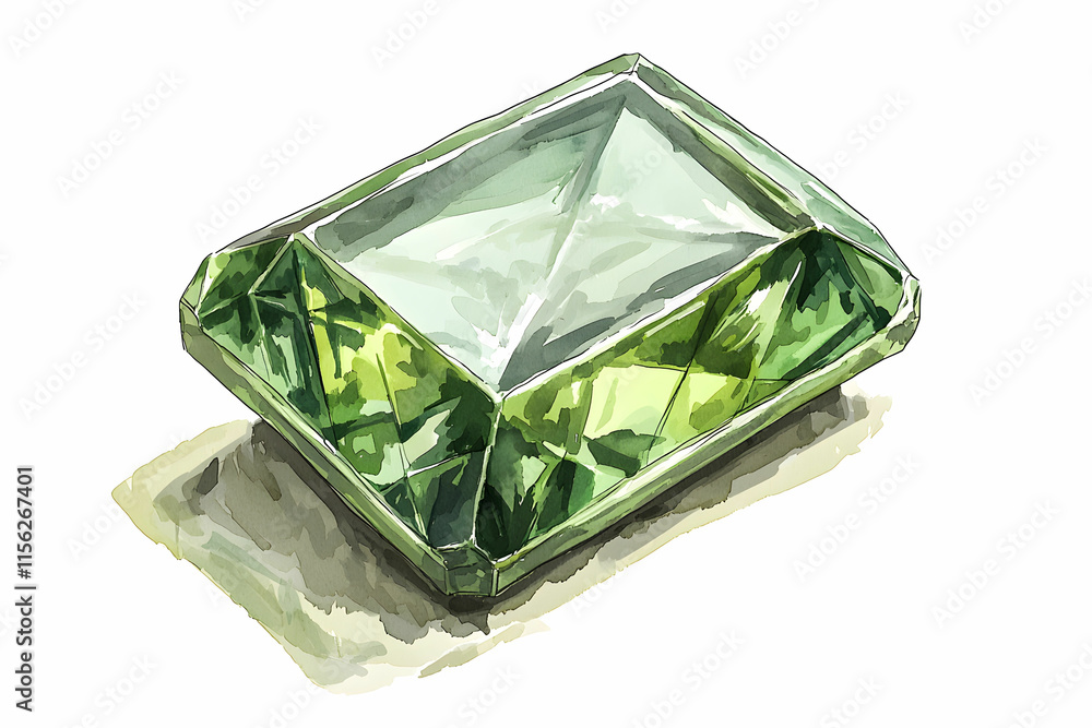 Poster green gemstone with sharp facets and transparent body resting on a flat surface, ideal for graphic d