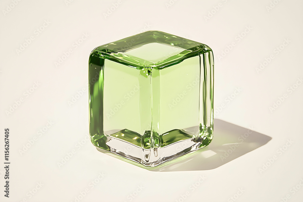 Poster transparent glass cube with green tint casting a soft shadow on a light background for minimalistic 