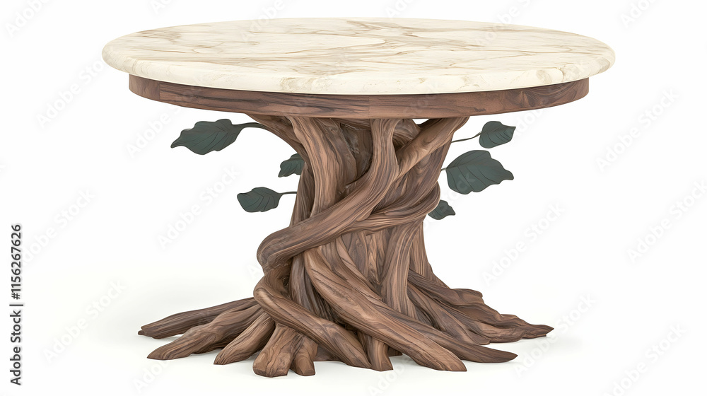 Poster elegant round table with intricate tree base and marble top, perfect for modern and rustic interiors