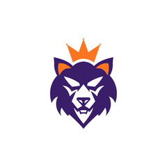 Obraz premium bold geometric bear head logo in purple with an orange crown and sharp lines, showcasing an intense and regal expression. Perfect for branding and creative designs.
