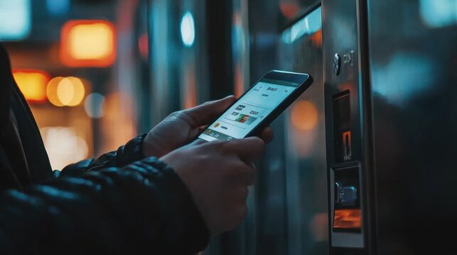 Person using smartphone to purchase from vending machine at night.