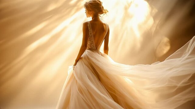 A stunning portrait of a bride in an elegant wedding gown, illuminated by golden rays of light. The ethereal fabric flows gracefully, creating a dreamy and romantic atmosphere
